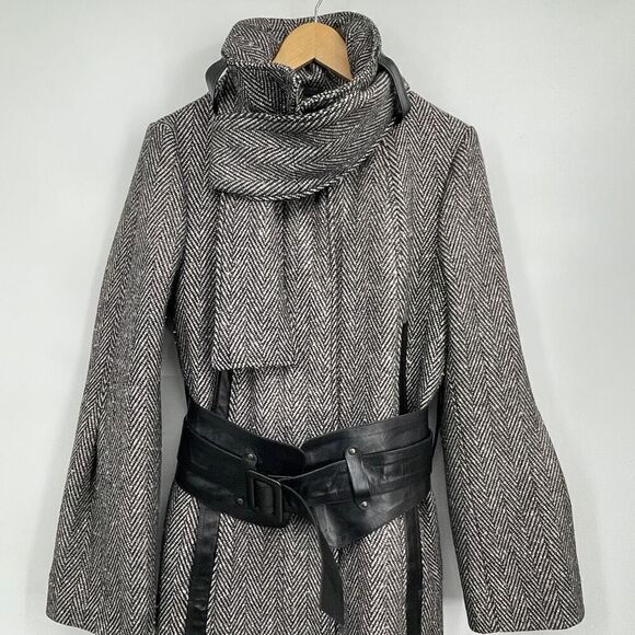 Mackage Gray Black Leather Belted Herringbone Wool Blend Pea Coat Size Large NWT - Picture 2 of 15